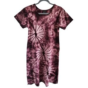 Lion King Womens Burgundy Tie Dye T-Shirt Dress Cotton Midi Short Sleeve S/M